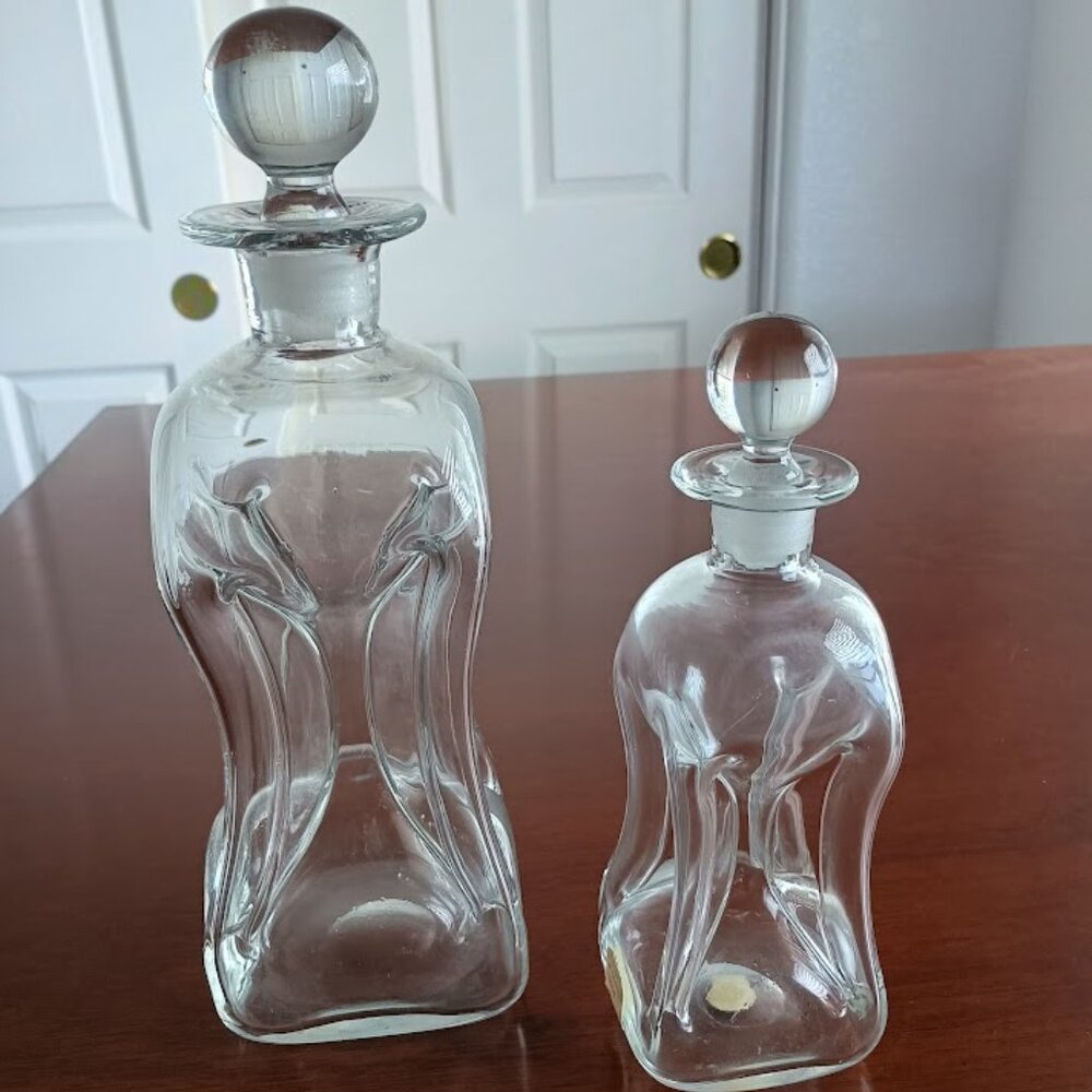 Vintage, Set of 2, Danish "Kluk Kluk" Clear Glass Decanters with glass stoppers